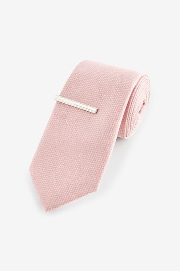 Light Pink Slim Textured Tie And Clip