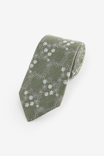 Green Embroidered Floral Pattern Tie