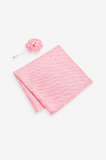 Coral Pink Textured Silk Lapel Pin And Pocket Square Set