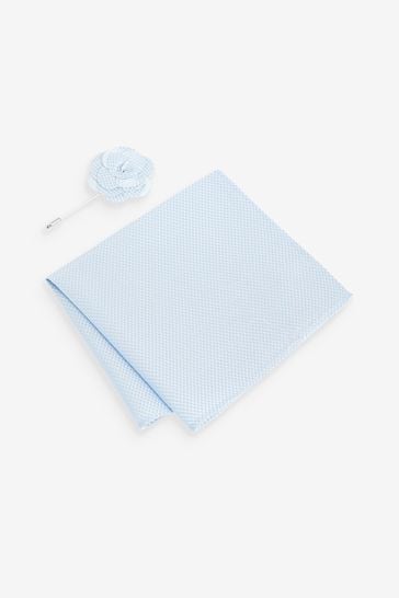 Light Blue Textured Silk Lapel Pin And Pocket Square Set
