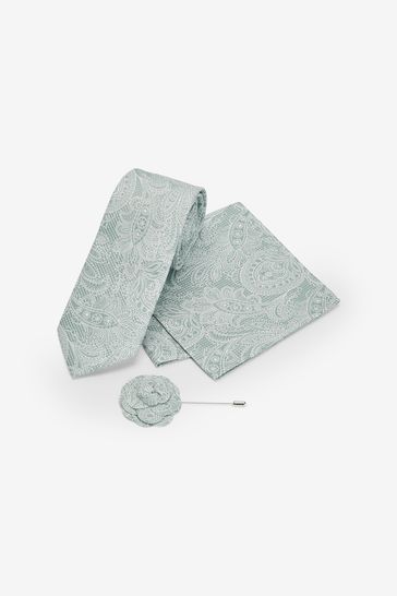 Sage Green Textured Paisley Tie, Pocket Square And Pin Set