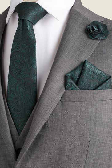 Forest Green Textured Paisley Tie, Pocket Square And Pin Set