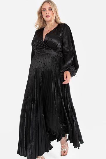 Lovedrobe Jacquard Satin Pleated Black Midaxi Dress