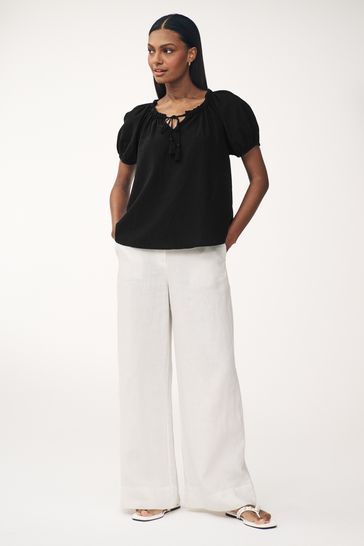 Buy Black Short Sleeve Tie Neck Bardot Blouse from Next France