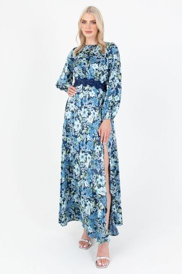Lovedrobe Blue Floral Print Satin Maxi Dress with Lace Trim