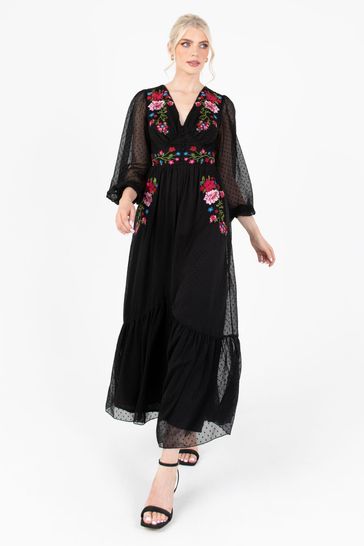 Buy Lovedrobe Embroidered Button Front Black Maxi Dress from the