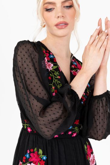 Lovedrobe Embroidered Button Front Black Maxi Dress