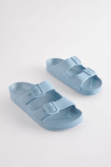 Blue EVA Double Strap Flat Slider Sandals With Adjustable Buckles
