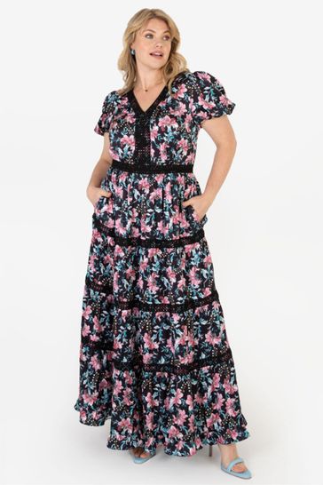 Lovedrobe Black Dark Floral Print And Lace Maxi Dress