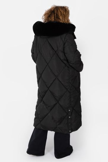 Black faux fur trim hooded longline hot sale padded coat