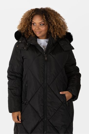 Longline Padded Coat with Faux Fur Trim Removable Hood