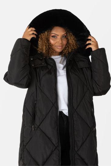 Longline Padded Coat with Faux Fur Trim Removable Hood
