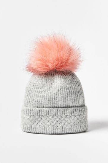 Oliver Bonas Grey Marl Stitch Pom Knitted Beanie Hat