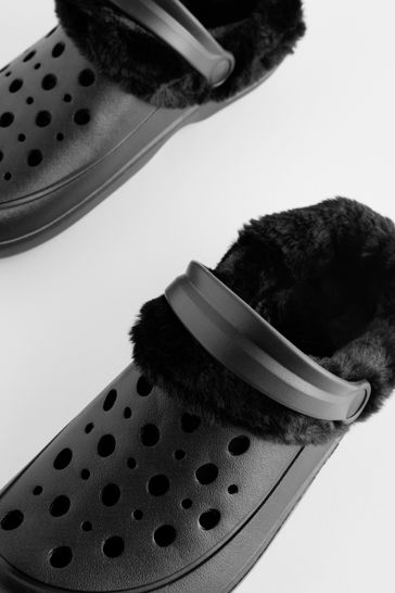 Black Faux Fur Lined Clog Slippers Womens