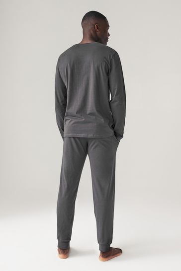 Black Grey 100 Cotton Long Sleeve Cuffed Pyjamas 2 Pack