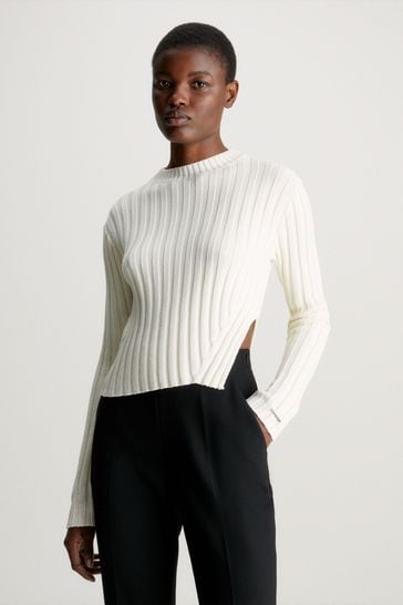Calvin Klein Cotton Blend Split White Sweater