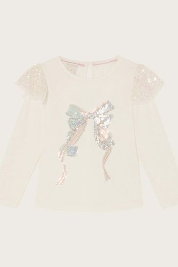 Monsoon Natural Sequin Bow Long Sleeve Top