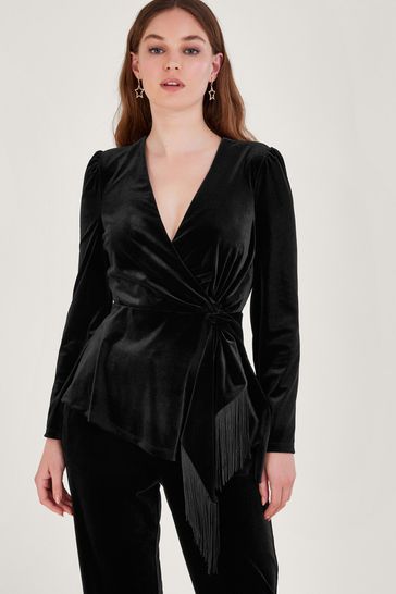 Buy Monsoon Flossie Velvet Fringe Wrap Black Top from Next Ireland