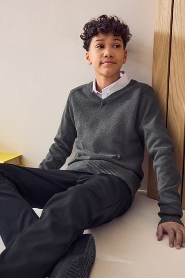 Grey Knitted V-Neck School Jumper (3-16yrs)