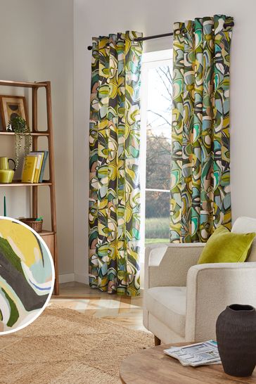 Green Multi Leaf Velvet Printed Eyelet Lined Curtains