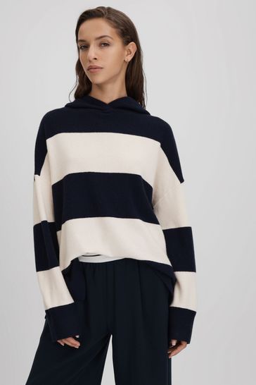 Reiss Navy/Ivory Ally Wool Blend Striped Hoodie