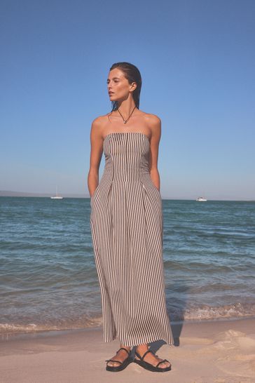 Khaki Green/White Bandeau Summer Dress