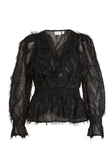 Buy VILA Black Tassel Glitter Detail Long Sleeve V Neck Top from