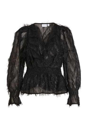 Long Sleeve V Neck Lace Top In Black, VILA