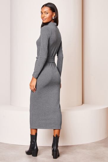 Buy Lipsy Grey Cosy Belted High Neck Coloumn Midi Jumper Dress