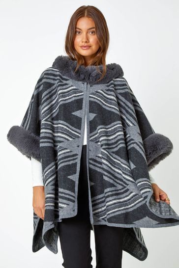 Buy Roman Grey Zig Zag Faux Fur Trim Cape Jumper from Next Ireland
