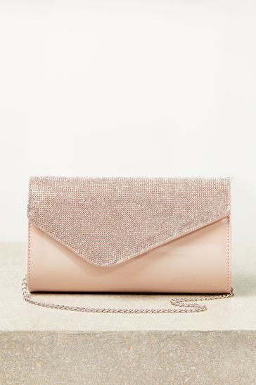 Lipsy Nude Pink Diamonte Asymmetric Foldover Chain Clutch Bag