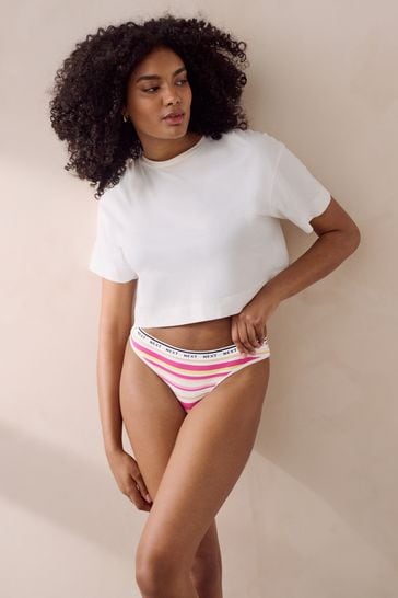 Pink/Stripe/Lime Green Thong Cotton Rich Logo Knickers 4 Pack