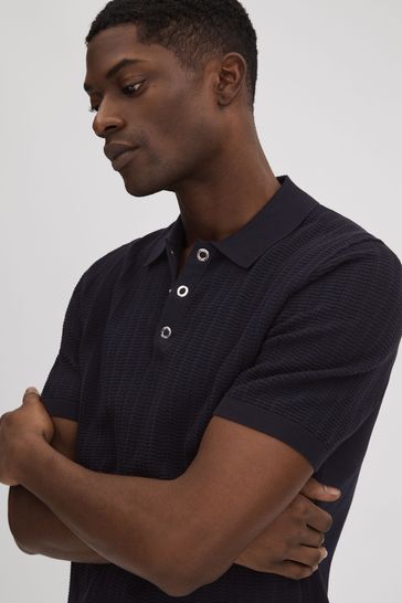 Reiss Navy Pascoe Textured Modal Blend Polo Shirt