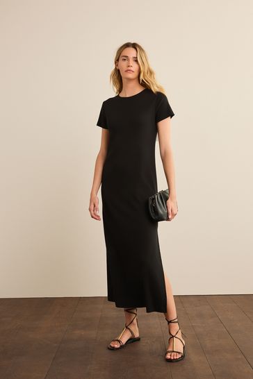 Buy Black Ribbed T Shirt Style Column Maxi Dress With Slit Detail from Next Bahrain