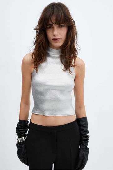 Buy Mango Metallic Turtle Knit Silver Crop Top from the Laura
