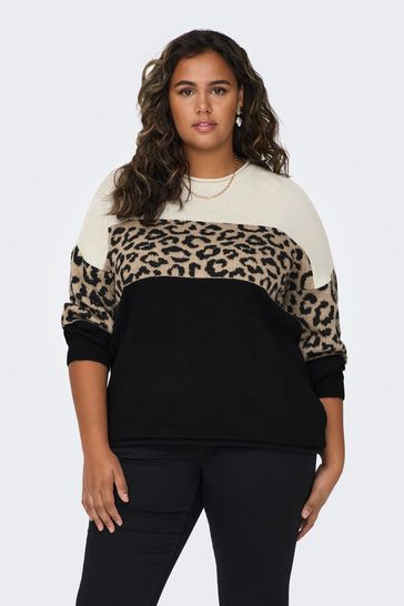 ONLY Curve Cream Colourblock Leopard Print Knitted Jumper