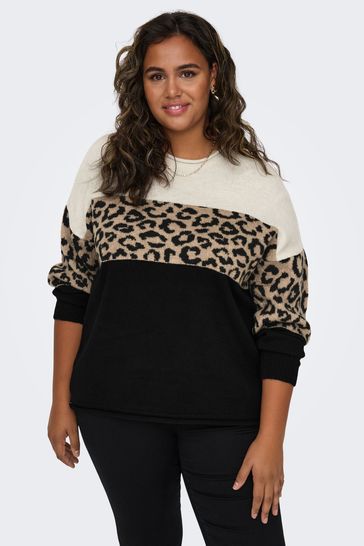 ONLY Curve Cream Colourblock Leopard Print Knitted Jumper
