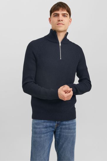 JACK & JONES Blue 1/4 Zip Up Knitted Jumper