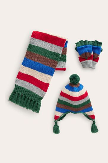 Boden Green Striped Knitted Hat and Scarf Set