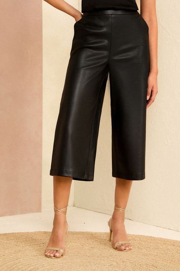 Buy Love Roses Black Petite Faux Leather Culotte Trousers from