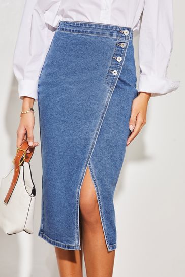 Lipsy Mid Wash Blue Denim Asymmetric Button Midi Skirt