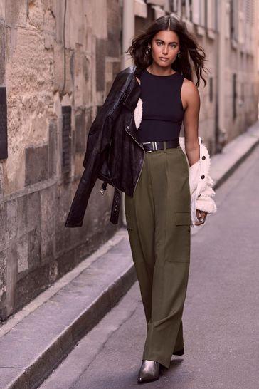 Mint Velvet Khaki Cargo Straight Trousers