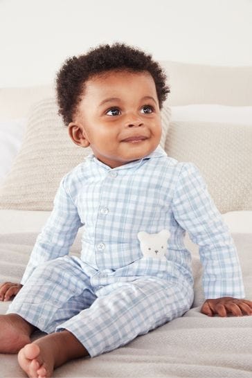 Buy The White Company Organic Cotton Blue Gingham Sleepsuit With