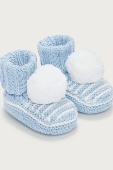 The White Company Blue Organic Cotton Stripe Knitted Pom Booties