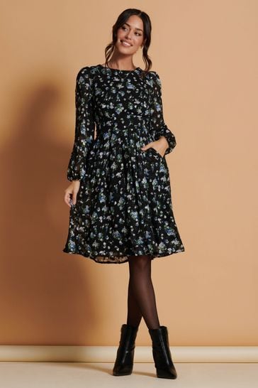 Jolie Moi Black Long Sleeve Chiffon Midi Dress