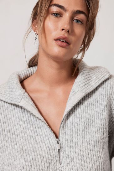 Buy Mint Velvet Grey Zip Collar Jumper from Next Lithuania
