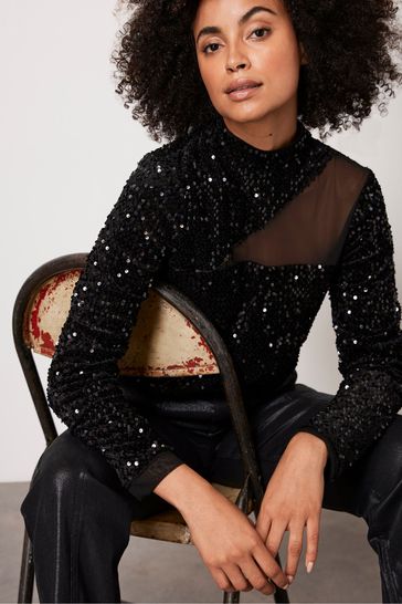 Buy Mint Velvet Black Sequin Mesh Top from Next Ireland