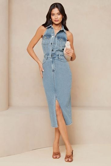 Lipsy Blue Denim Halter Midi Shirt Dress