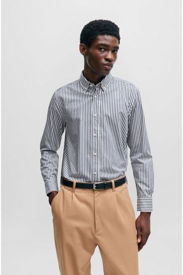 BOSS Blue Casual Fit Button-Down Shirt In Striped Cotton Twill
