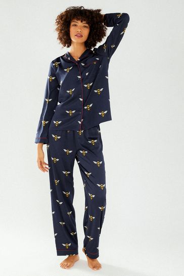 Chelsea Peers Blue Bee Satin Button Up Long Pyjama Set